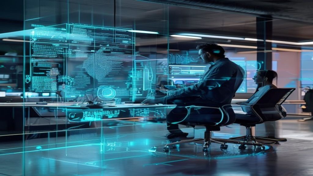 Grok AI analyzing real-time data on a holographic interface in a modern office