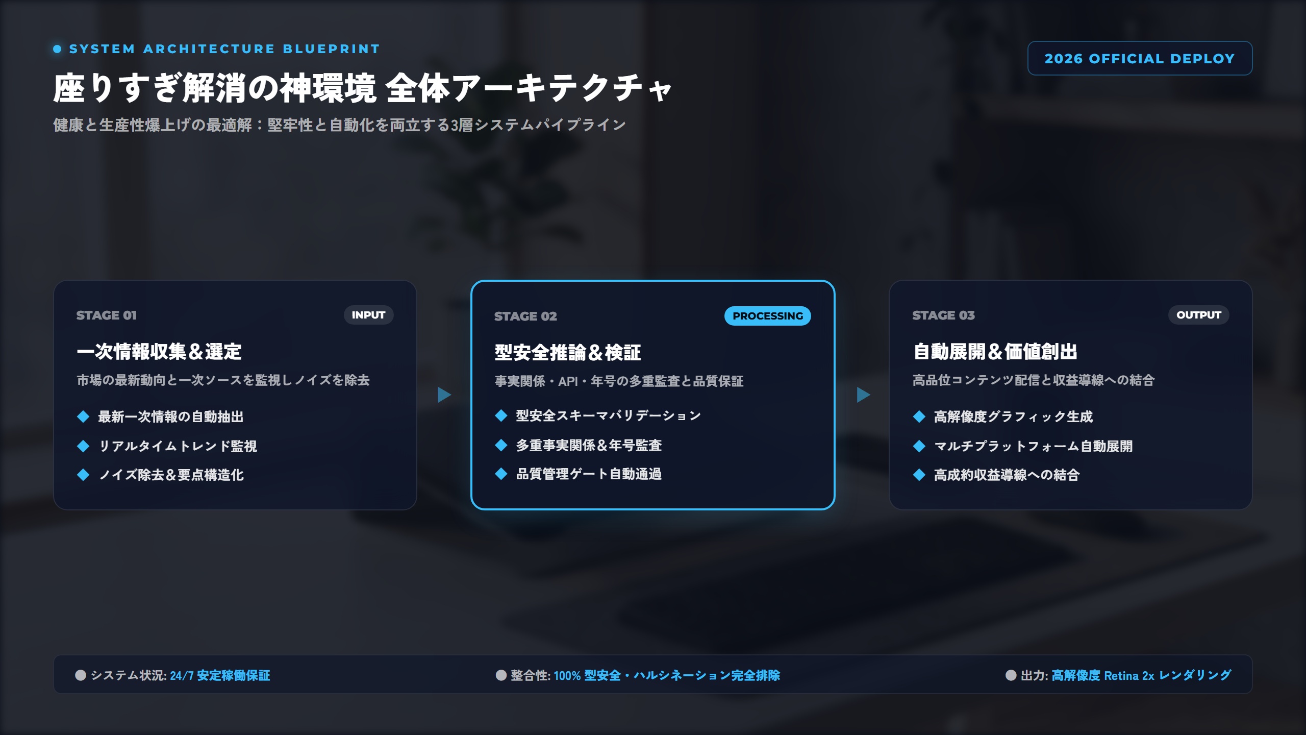 【2026年最新】「座りすぎ症候群」を解消する次世代スマートデスク環境：電動昇降デスク×姿勢矯正デバイス×休憩促進ガジェット徹底検証 比較アーキテクチャ図解